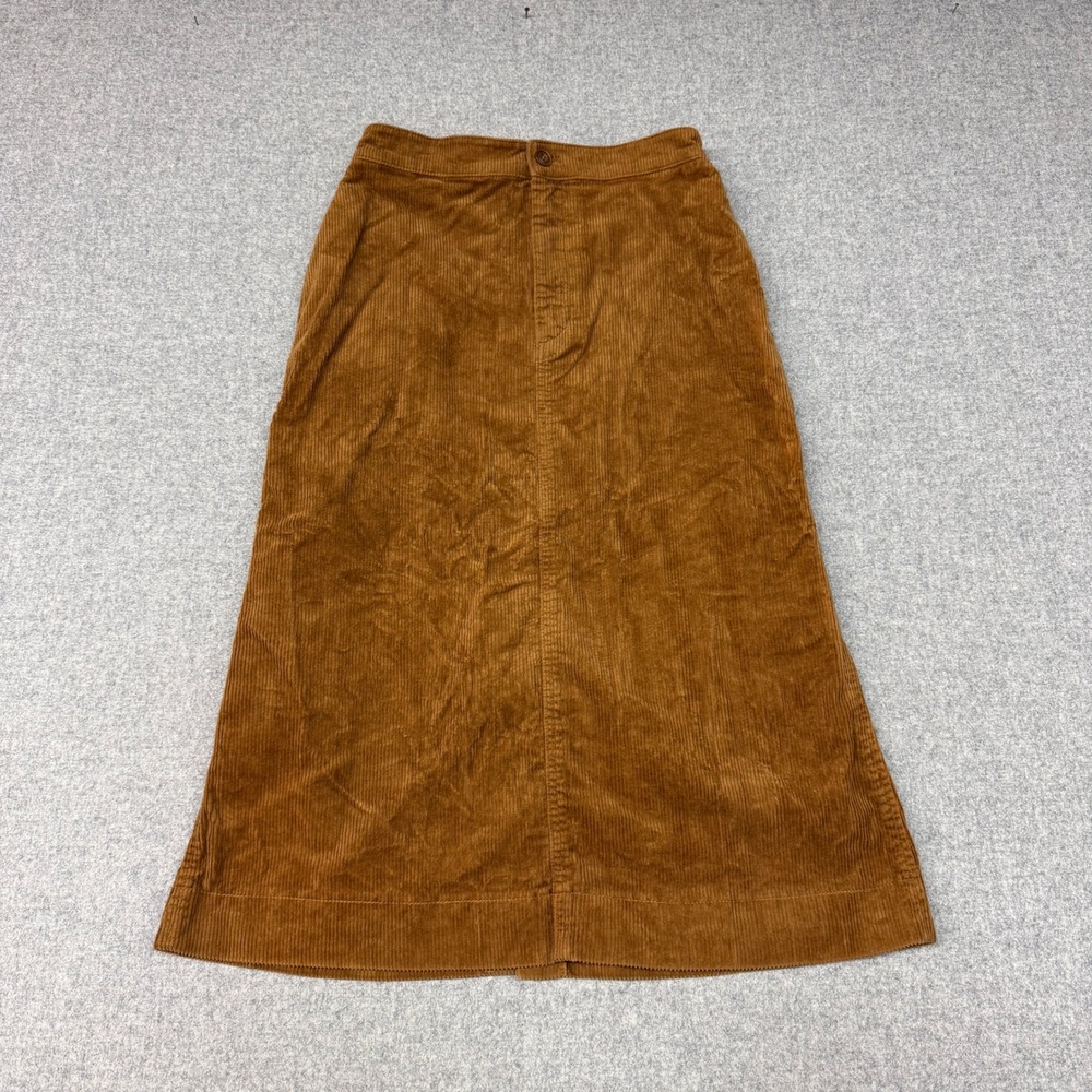 Uniqlo Corduroy Midi Skirt Size 8 Brown High Waisted A-Line Back Slit Cotton
